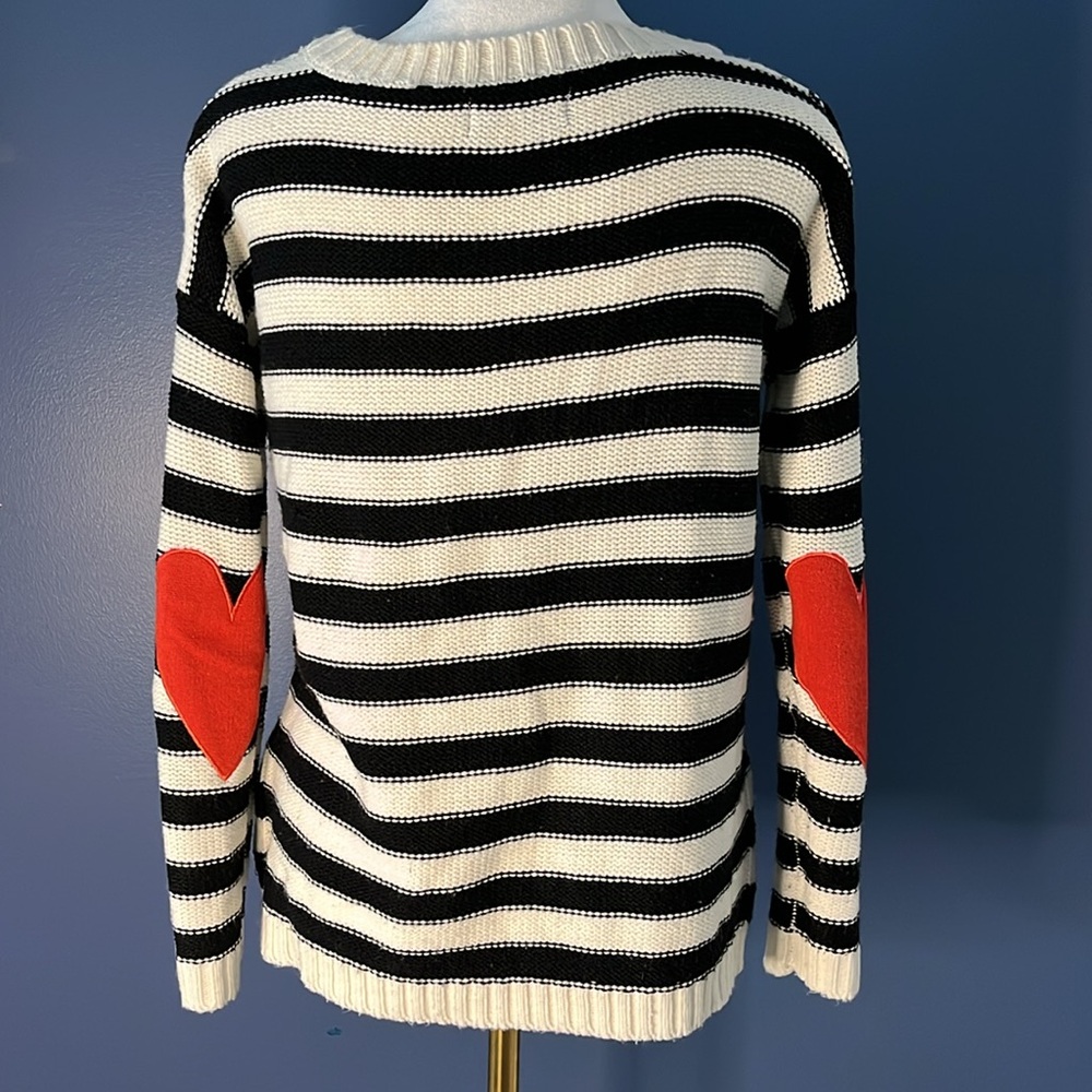 Striped Black and White Sweater with Red Heart Patches